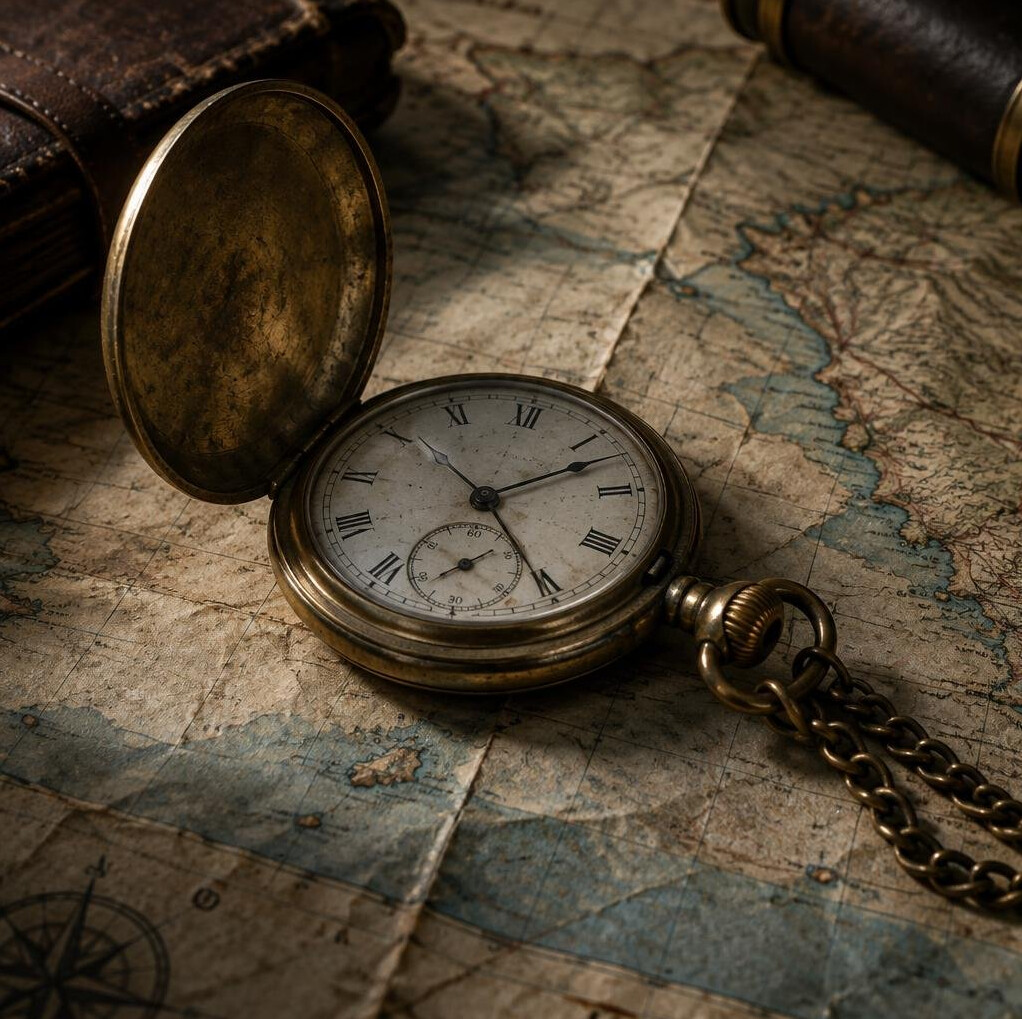 Antique pocket watch resting on an old folded map