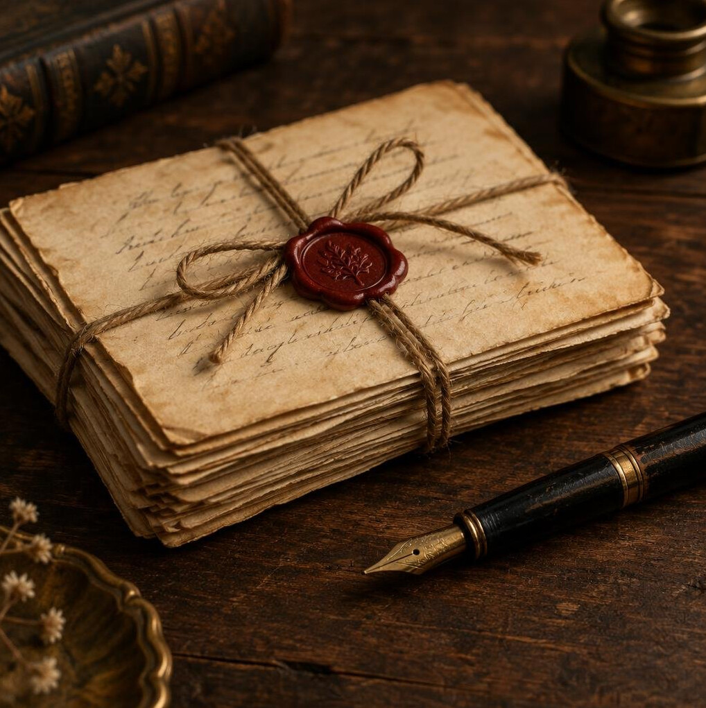 Stack of old handwritten letters tied with string next to a wax seal