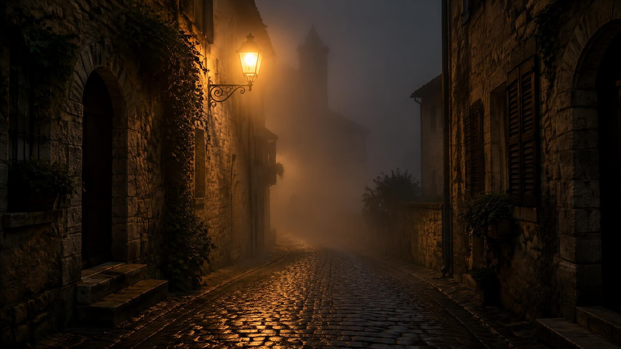 Foggy cobblestone street at night with a single glowing lamp