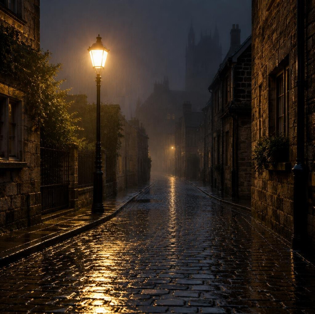 Rain-soaked cobblestone street with a glowing lamp post at night