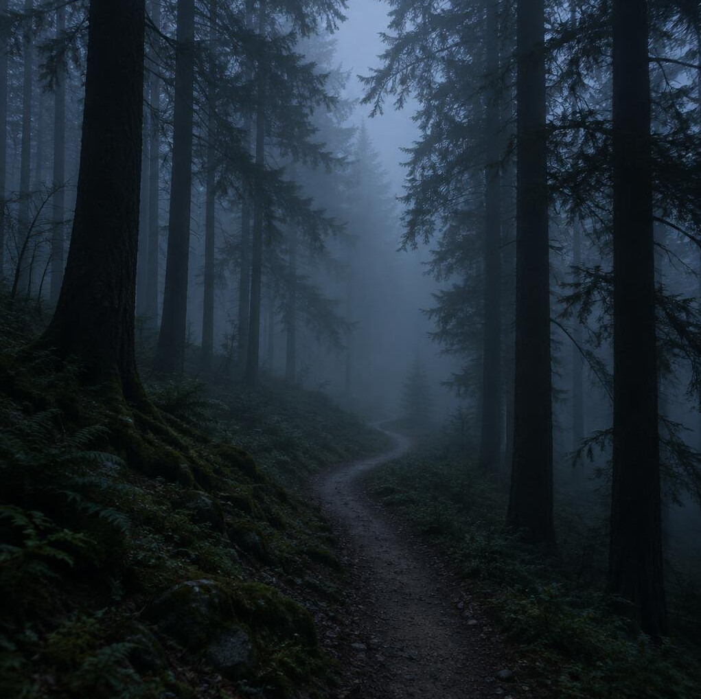 Foggy forest path at dusk with tall dark trees